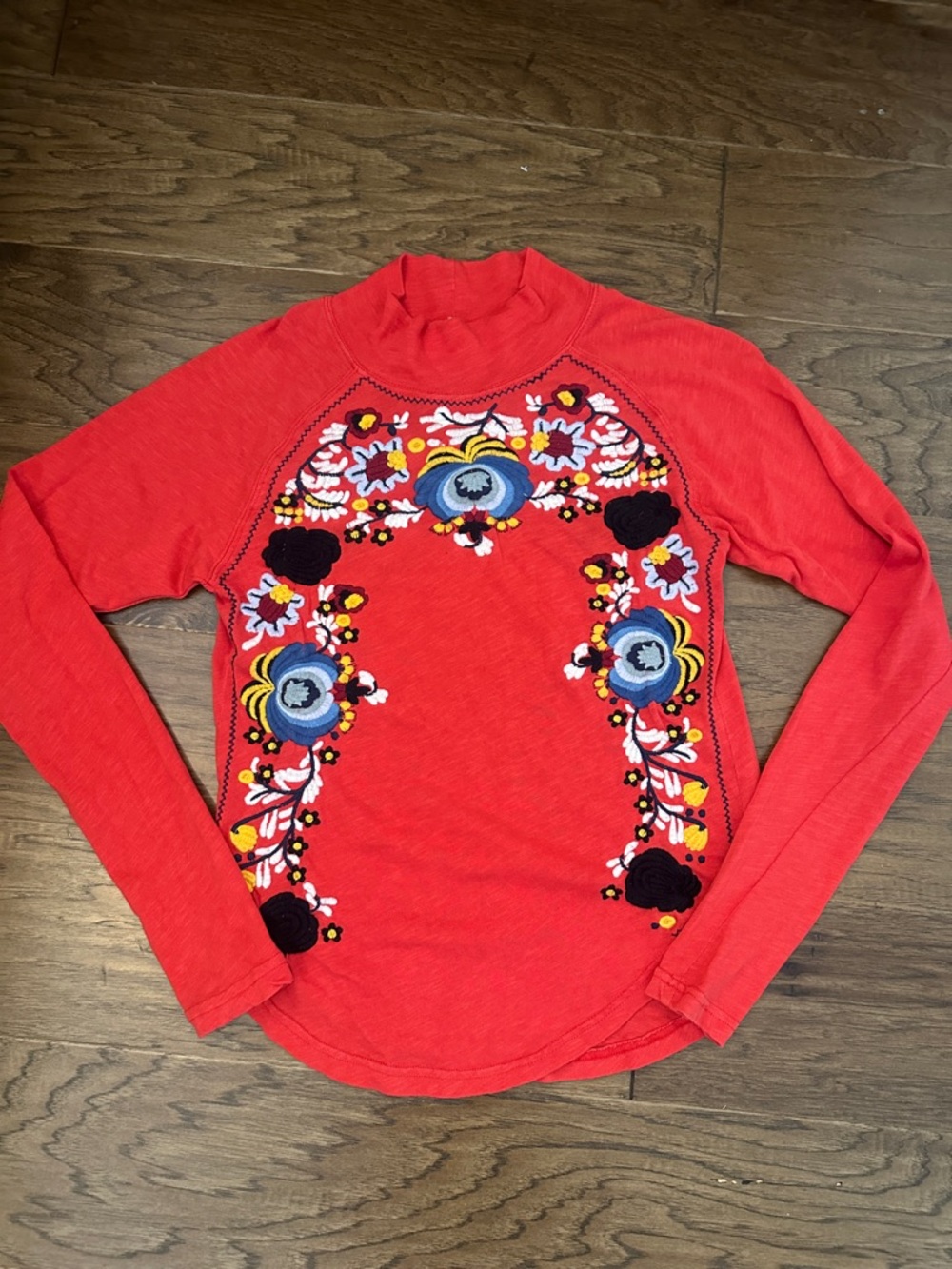 Free People Disco Rose Large Floral Embroidered Boho Long Sleeve mock neck Top - Picture 2 of 11
